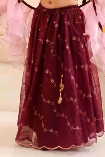 Buy_Jhambthreads_Wine Organza Embroidery, Tassels, Floral Pattern Lehenga Set With Dupatta _Online_at_Aza_Fashions