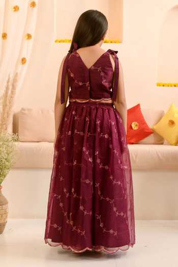 Shop_Jhambthreads_Wine Organza Embroidery, Tassels, Floral Pattern Lehenga Set With Dupatta _at_Aza_Fashions