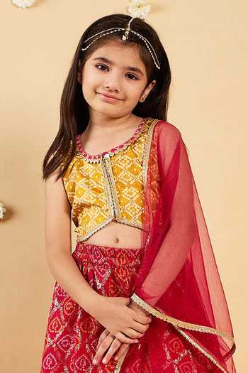 Jhambthreads_Yellow Silk Zari, Tassels Bandhani Pattern Lehenga Blouse Set _Online_at_Aza_Fashions