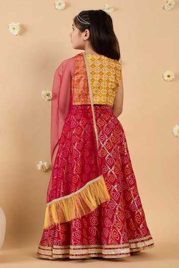 Shop_Jhambthreads_Yellow Silk Zari, Tassels Bandhani Pattern Lehenga Blouse Set _at_Aza_Fashions