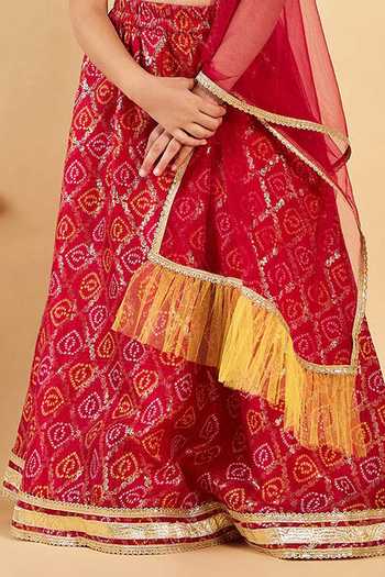 Buy_Jhambthreads_Yellow Silk Zari, Tassels Bandhani Pattern Lehenga Blouse Set _Online_at_Aza_Fashions