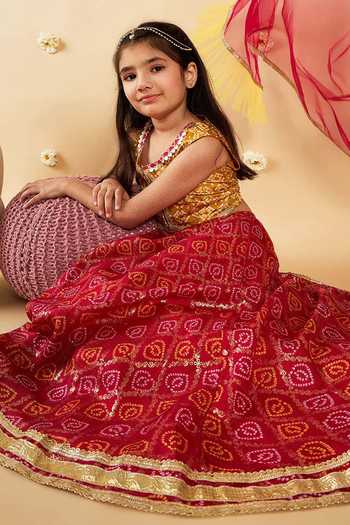 Shop_Jhambthreads_Yellow Silk Zari, Tassels Bandhani Pattern Lehenga Blouse Set _Online_at_Aza_Fashions