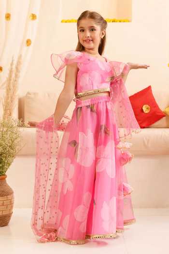 Buy_Jhambthreads_Pink Organza Zari, Sequins Floral Print Lehenga Set _at_Aza_Fashions