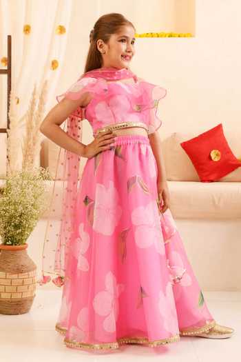 Shop_Jhambthreads_Pink Organza Zari, Sequins Floral Print Lehenga Set _Online_at_Aza_Fashions