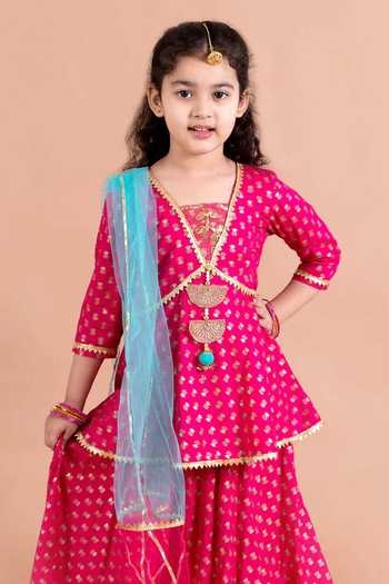 Jhambthreads_Pink Cotton Foil Printing Floral Kurta Lehenga Set _Online_at_Aza_Fashions