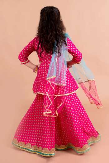 Shop_Jhambthreads_Pink Cotton Foil Printing Floral Kurta Lehenga Set _at_Aza_Fashions