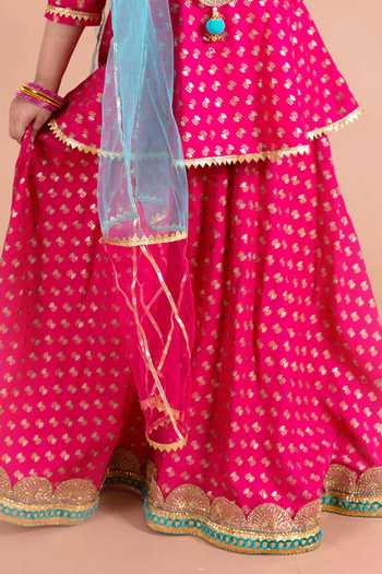 Buy_Jhambthreads_Pink Cotton Foil Printing Floral Kurta Lehenga Set _Online_at_Aza_Fashions