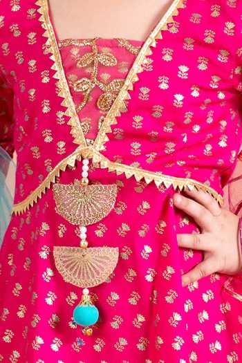 Shop_Jhambthreads_Pink Cotton Foil Printing Floral Kurta Lehenga Set _Online_at_Aza_Fashions