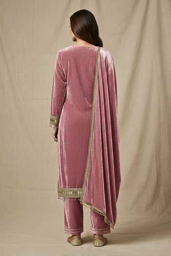 Shop_Two Sisters By Gyans_Pink Velvet Beads, Zari, Mirrors, Tassels V-neck, Gold Work Crushed Kurta Set _at_Aza_Fashions