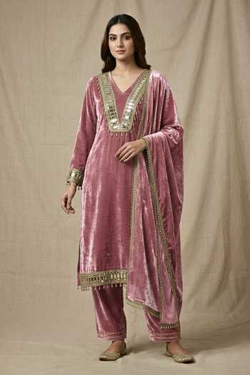 Buy_Two Sisters By Gyans_Pink Velvet Beads, Zari, Mirrors, Tassels V-neck, Gold Work Crushed Kurta Set _at_Aza_Fashions