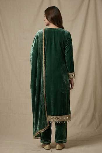 Shop_Two Sisters By Gyans_Green Velvet Beads, Mirrors, Tassels V-neck, Yes Embellished Kurta Set _at_Aza_Fashions