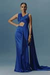 Buy_Two Sisters By Gyans_Blue Silk, Satin Ruffles, Pearls, Stones, Couture Pre-draped Saree With Blouse _at_Aza_Fashions