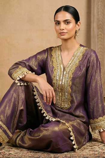 Two Sisters By Gyans_Purple Tissue Sequins, Pearls, Zari, Embroidered Pure Kurta And Salwar Set _Online_at_Aza_Fashions