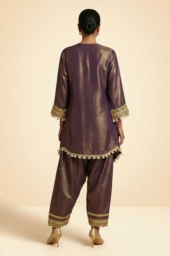 Shop_Two Sisters By Gyans_Purple Tissue Sequins, Pearls, Zari, Embroidered Pure Kurta And Salwar Set _at_Aza_Fashions