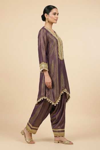 Buy_Two Sisters By Gyans_Purple Tissue Sequins, Pearls, Zari, Embroidered Pure Kurta And Salwar Set _Online_at_Aza_Fashions