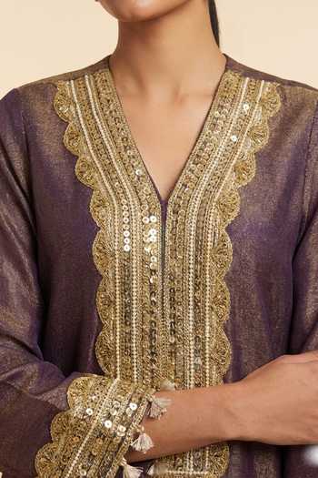 Shop_Two Sisters By Gyans_Purple Tissue Sequins, Pearls, Zari, Embroidered Pure Kurta And Salwar Set _Online_at_Aza_Fashions