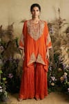 Buy_Two Sisters By Gyans_Orange Silk, Chiffon Zari, Sunset Opulence Hand Embroidered Kaftan With Sharara _Online_at_Aza_Fashions