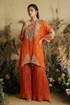 Buy_Two Sisters By Gyans_Orange Silk, Chiffon Zari, Sunset Opulence Hand Embroidered Kaftan With Sharara _at_Aza_Fashions