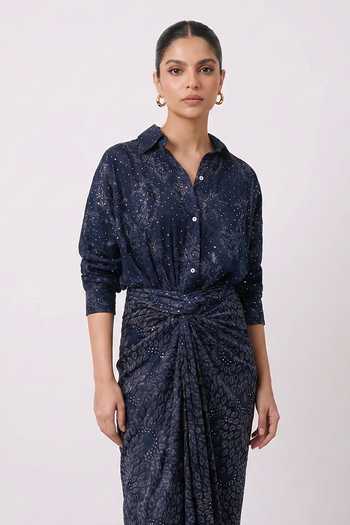 Shop_Two Sisters By Gyans_Blue Crepe Embroidery, Sequins Collared Starlit Embellished Shirt And Skirt Set _at_Aza_Fashions