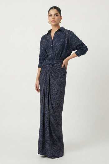 Buy_Two Sisters By Gyans_Blue Crepe Embroidery, Sequins Collared Starlit Embellished Shirt And Skirt Set _at_Aza_Fashions