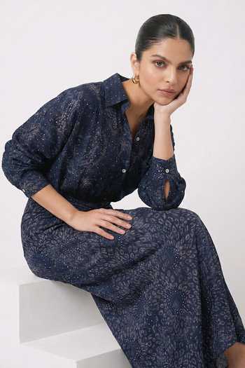 Buy_Two Sisters By Gyans_Blue Crepe Embroidery, Sequins Collared Starlit Embellished Shirt And Skirt Set _Online_at_Aza_Fashions