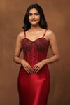 Two Sisters By Gyans_Red Satin, Net Sequins, Beads Crimson Desire Structured Corset Gown _Online_at_Aza_Fashions