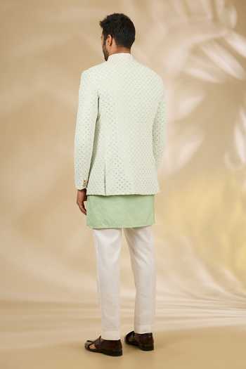 Shop_Manish Nagdeo_Green Silk, Cotton Embroidery, Sequins Work Bandhgala And Kurta Set _at_Aza_Fashions