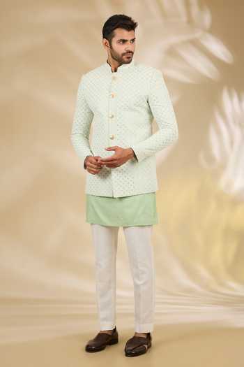 Buy_Manish Nagdeo_Green Silk, Cotton Embroidery, Sequins Work Bandhgala And Kurta Set _at_Aza_Fashions