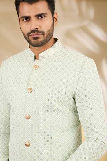 Manish Nagdeo_Green Silk, Cotton Embroidery, Sequins Work Bandhgala And Kurta Set _at_Aza_Fashions