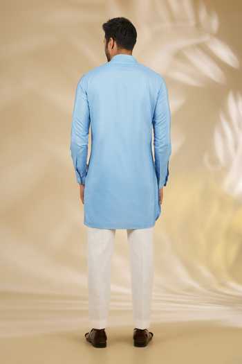 Manish Nagdeo_Blue Silk, Cotton Sequins Mughal Floral Print Bundi Kurta Set _Online_at_Aza_Fashions