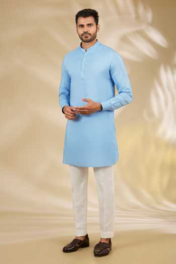 Buy_Manish Nagdeo_Blue Silk, Cotton Sequins Mughal Floral Print Bundi Kurta Set _Online_at_Aza_Fashions
