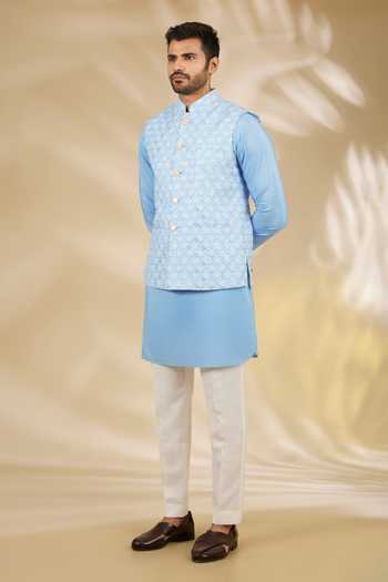 Buy_Manish Nagdeo_Blue Silk, Cotton Sequins Mughal Floral Print Bundi Kurta Set _at_Aza_Fashions