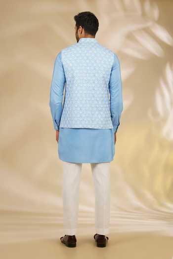 Shop_Manish Nagdeo_Blue Silk, Cotton Sequins Mughal Floral Print Bundi Kurta Set _at_Aza_Fashions