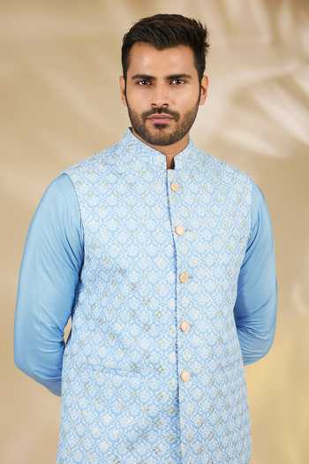 Shop_Manish Nagdeo_Blue Silk, Cotton Sequins Mughal Floral Print Bundi Kurta Set _Online_at_Aza_Fashions