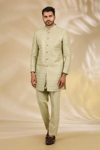 Buy_Manish Nagdeo_Green Silk, Cotton Embroidery Thread Sherwani And Kurta Set _at_Aza_Fashions