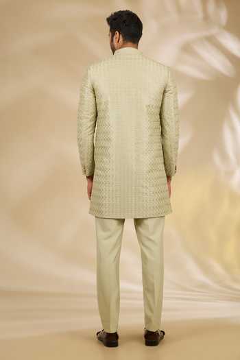 Shop_Manish Nagdeo_Green Silk, Cotton Embroidery Thread Sherwani And Kurta Set _at_Aza_Fashions