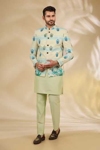 Buy_Manish Nagdeo_Green Silk, Cotton Sequins Floral Print Bandhgala And Kurta Set _at_Aza_Fashions