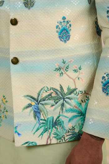Buy_Manish Nagdeo_Green Silk, Cotton Sequins Floral Print Bandhgala And Kurta Set _Online_at_Aza_Fashions