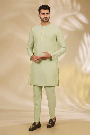 Shop_Manish Nagdeo_Green Silk, Cotton Sequins Floral Print Bandhgala And Kurta Set _Online_at_Aza_Fashions