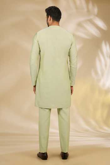 Manish Nagdeo_Green Silk, Cotton Sequins Floral Print Bandhgala And Kurta Set _at_Aza_Fashions