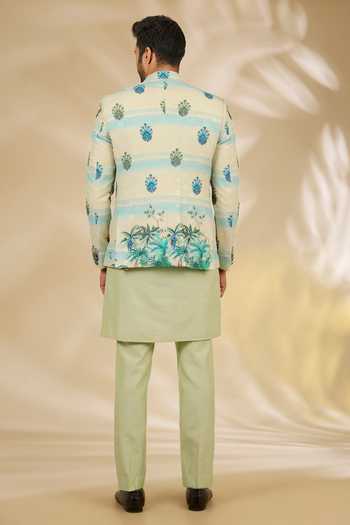 Shop_Manish Nagdeo_Green Silk, Cotton Sequins Floral Print Bandhgala And Kurta Set _at_Aza_Fashions