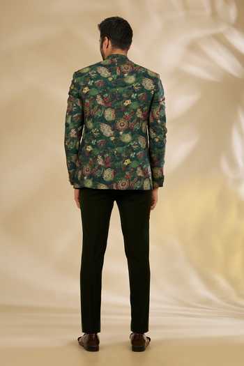 Shop_Manish Nagdeo_Green Silk, Viscose Floral Print Bandhgala Set _at_Aza_Fashions