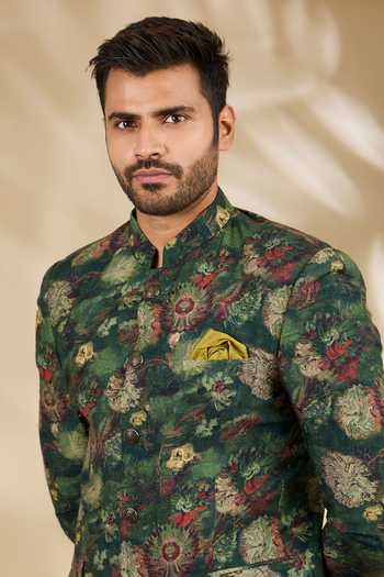 Buy_Manish Nagdeo_Green Silk, Viscose Floral Print Bandhgala Set _Online_at_Aza_Fashions