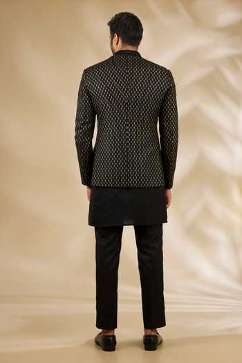Shop_Manish Nagdeo_Black Silk Flower Print Bandhgala And Kurta Set _at_Aza_Fashions