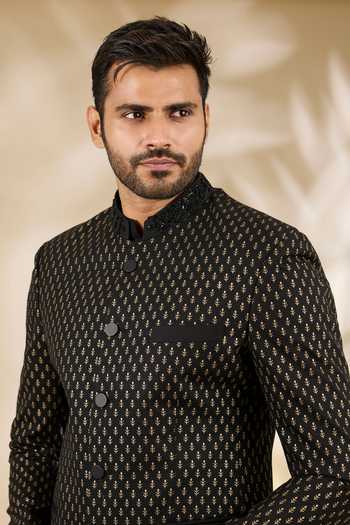Manish Nagdeo_Black Silk Flower Print Bandhgala And Kurta Set _at_Aza_Fashions