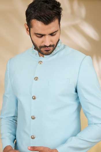 Manish Nagdeo_Blue Viscose, Brocade Embroidery Sherwani Set _Online_at_Aza_Fashions