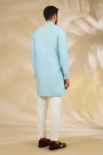 Shop_Manish Nagdeo_Blue Viscose, Brocade Embroidery Sherwani Set _at_Aza_Fashions