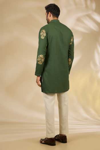 Manish Nagdeo_Green Silk Floral Print Bundi And Kurta Set _Online_at_Aza_Fashions