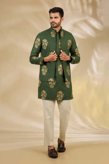 Buy_Manish Nagdeo_Green Silk Floral Print Bundi And Kurta Set _at_Aza_Fashions