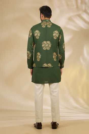 Shop_Manish Nagdeo_Green Silk Floral Print Bundi And Kurta Set _at_Aza_Fashions